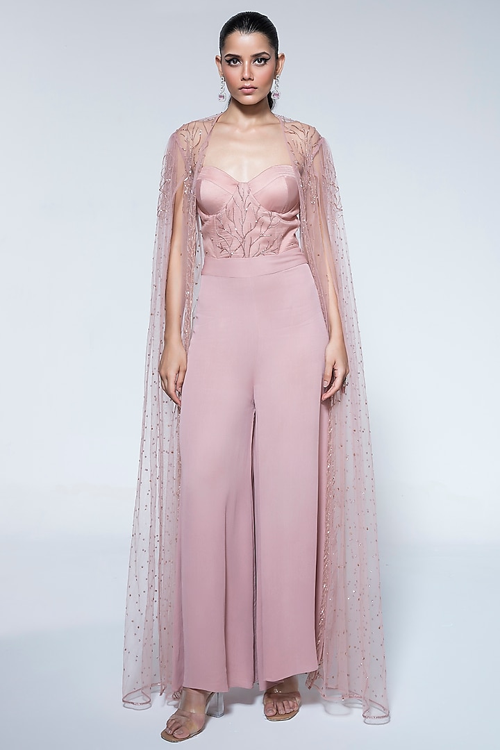 Peach Pink Double Georgette Cutdana & Sequins Embellished Jumpsuit With Cape by House of R