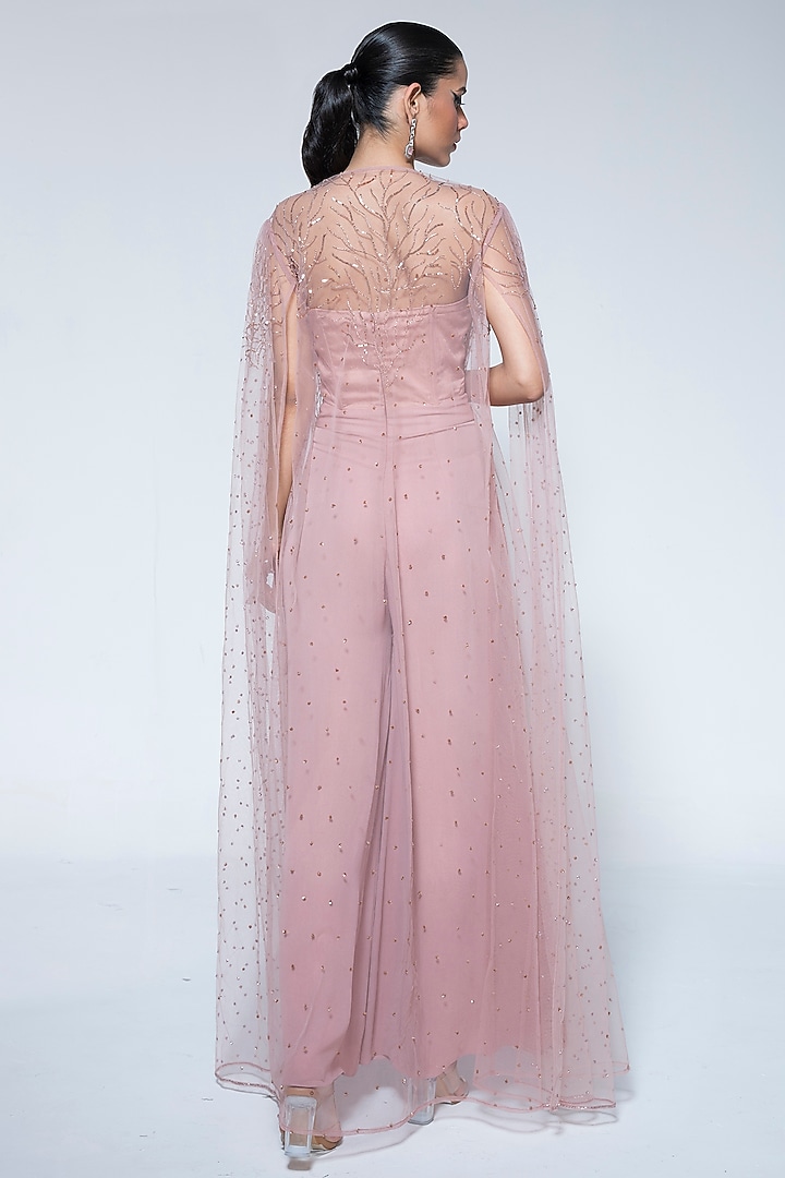Peach Pink Double Georgette Cutdana & Sequins Embellished Jumpsuit With Cape by House of R at Pernia's Pop Up Shop