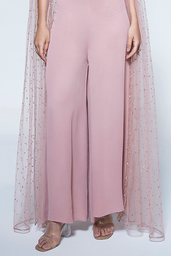 Peach Pink Double Georgette Cutdana & Sequins Embellished Jumpsuit With Cape by House of R at Pernia's Pop Up Shop