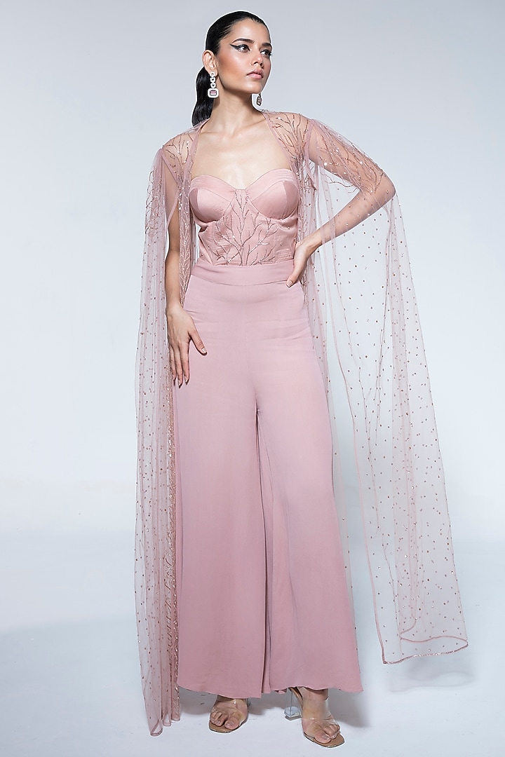 Peach Pink Double Georgette Cutdana & Sequins Embellished Jumpsuit With Cape by House of R at Pernia's Pop Up Shop