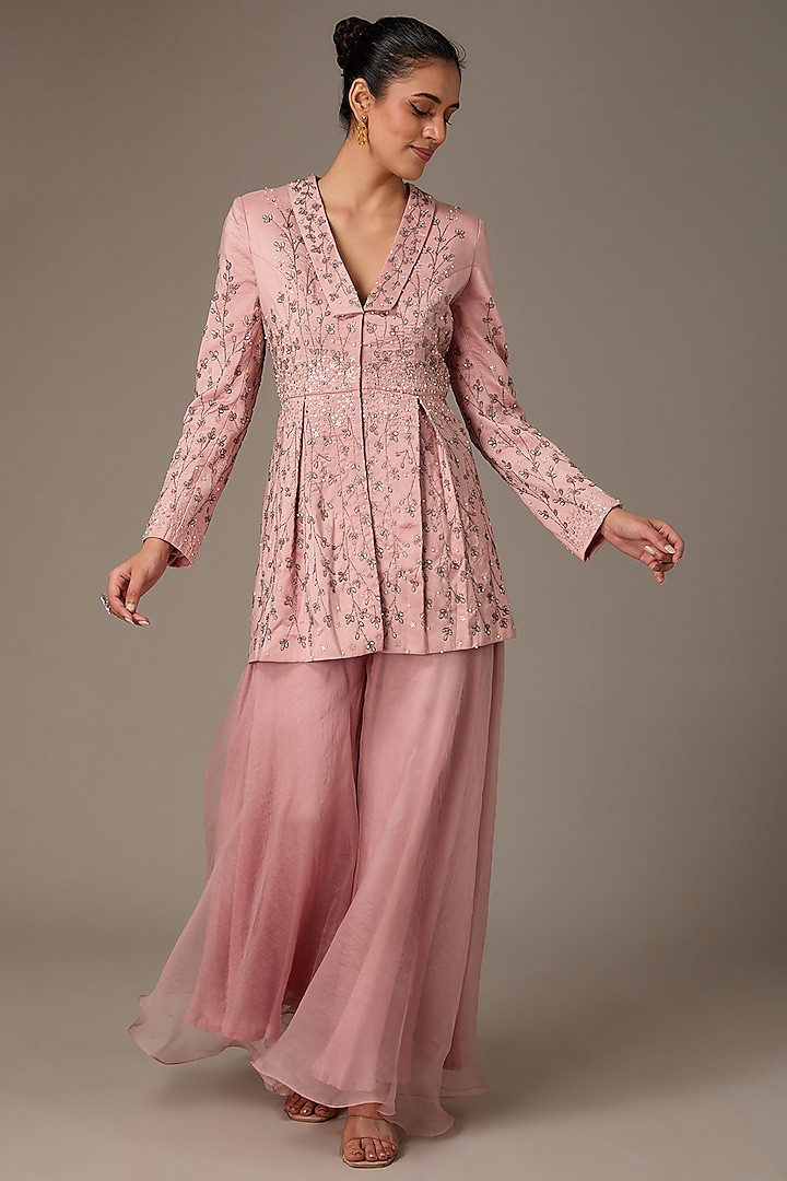 Peach Pink Silk Hand Embroidered Blazer Set by House of R