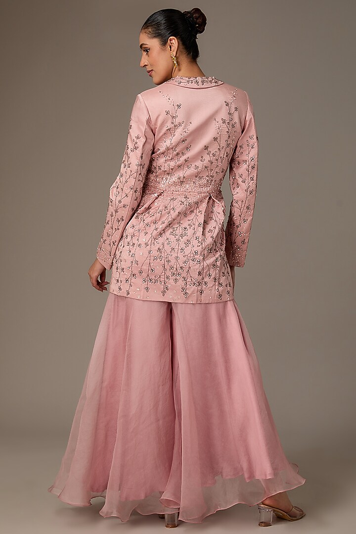Peach Pink Silk Hand Embroidered Blazer Set by House of R at Pernia's Pop Up Shop