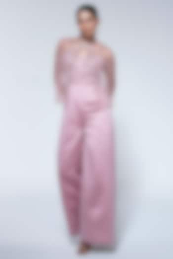 Peach Pink Dutch Satin Cutdana Embellished Jumpsuit With Cape by House of R