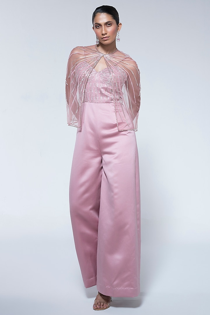 Peach Pink Dutch Satin Cutdana Embellished Jumpsuit With Cape by House of R