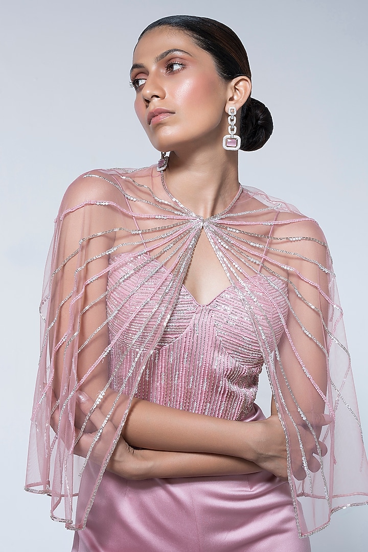 Peach Pink Dutch Satin Cutdana Embellished Jumpsuit With Cape by House of R at Pernia's Pop Up Shop