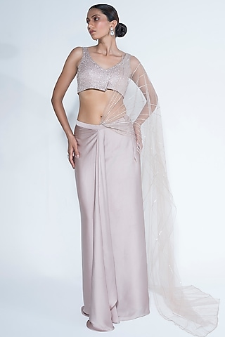 Champagne Satin Chiffon Pre-Stitched Draped Saree Set by House of R
