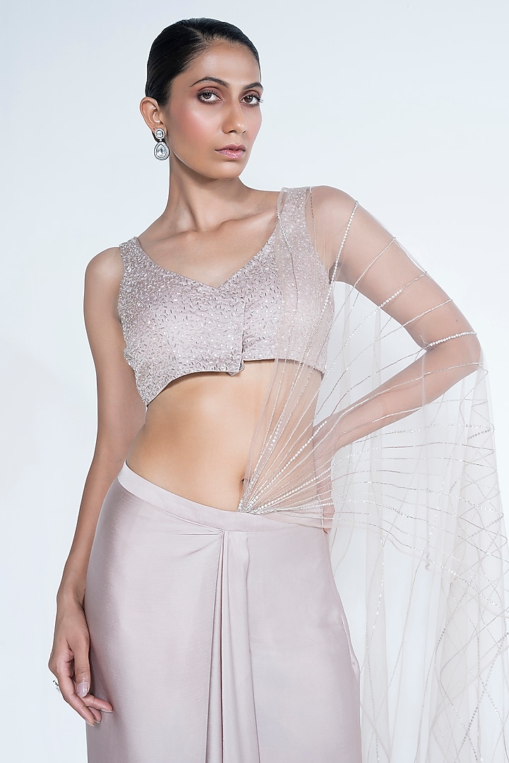 Champagne Satin Chiffon Pre-Stitched Draped Wedding Saree Set by House of R at Pernia's Pop Up Shop