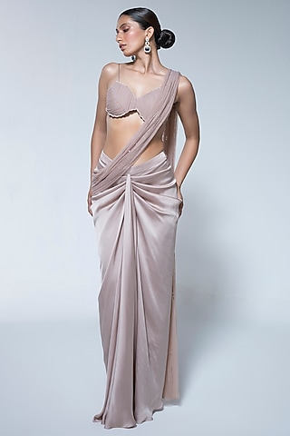Champagne Satin Chiffon Pre-Stitched Draped Saree Set by House of R