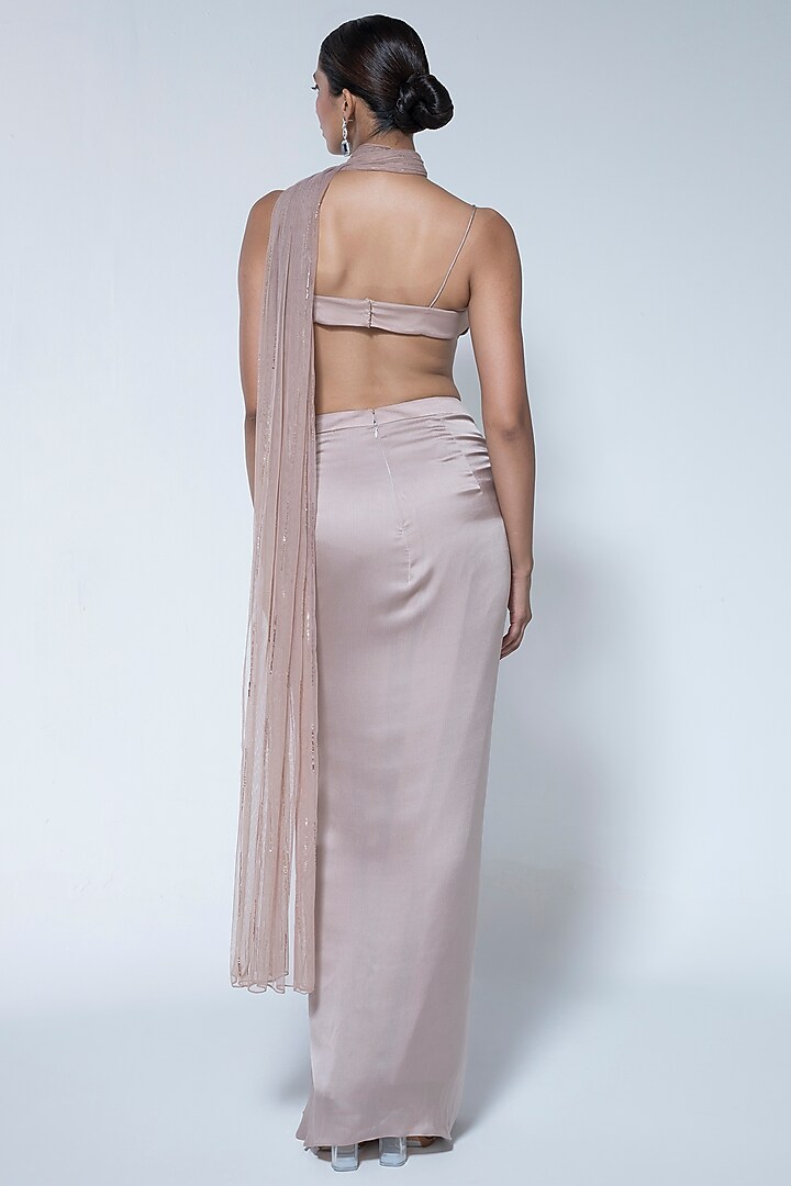 Champagne Satin Chiffon Pre-Stitched Draped Party Wear Saree Set by House of R at Pernia's Pop Up Shop