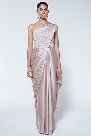 Champagne Satin Chiffon Pre-Stitched Draped Saree Set by House of R