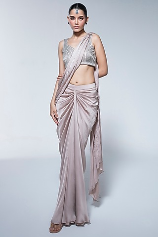 Champagne Satin Chiffon Pre-Stitched Draped Saree Set by House of R