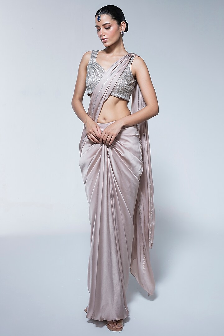 Champagne Satin Chiffon Pre-Stitched Draped Wedding Saree Set by House of R at Pernia's Pop Up Shop
