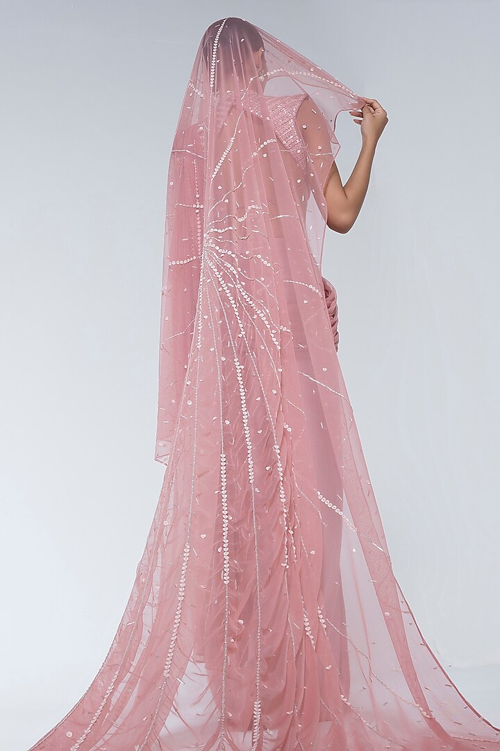 Peach Pink Modal Satin Pre-Draped Wedding Saree Set by House of R at Pernia's Pop Up Shop