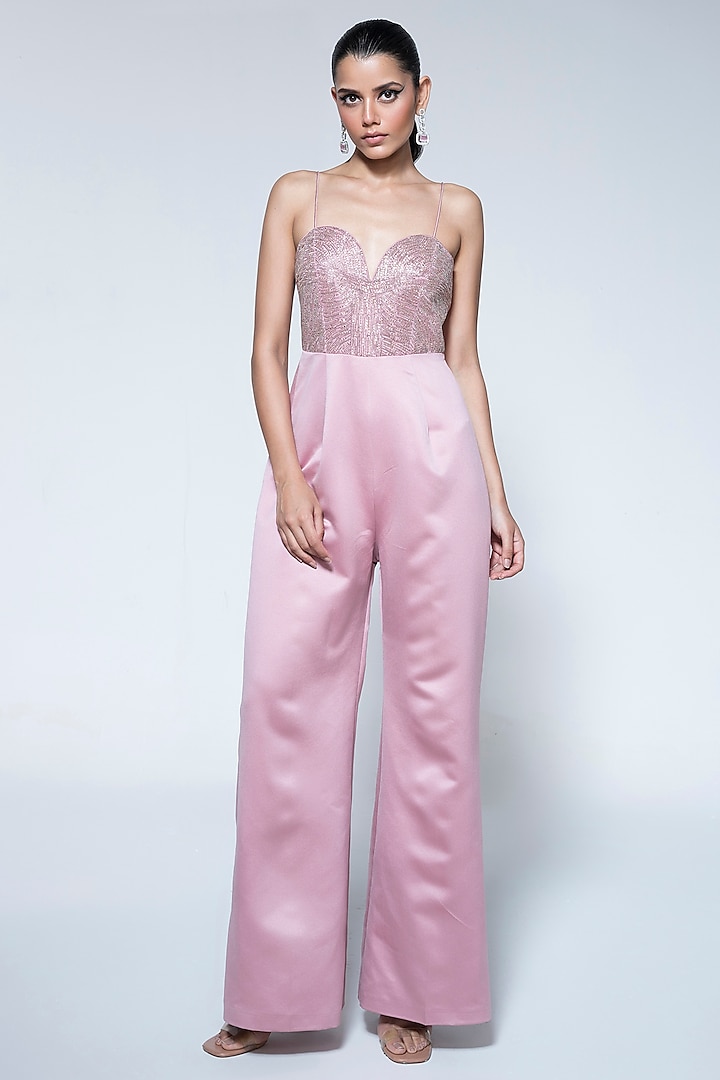 Peach Pink Duchess Satin Cutdana & Sequins Embellished Jumpsuit by House of R