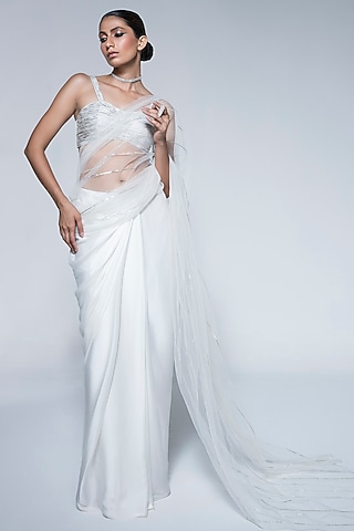 Ivory Satin Chiffon Pre-Draped Saree Set by House of R
