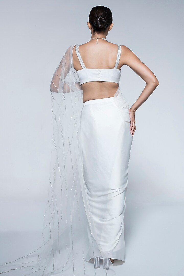 Ivory Satin Chiffon Pre-Draped Wedding Saree Set by House of R at Pernia's Pop Up Shop