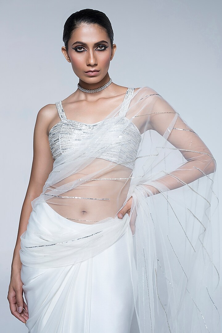Ivory Satin Chiffon Pre-Draped Wedding Saree Set by House of R at Pernia's Pop Up Shop