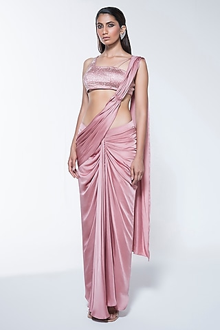 Peach Pink Modal Satin Pre-Draped Saree Set by House of R