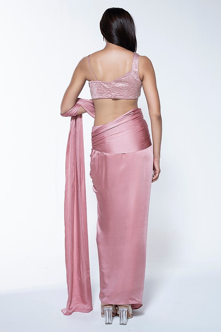Peach Pink Modal Satin Pre-Draped Party Wear Saree Set by House of R at Pernia's Pop Up Shop