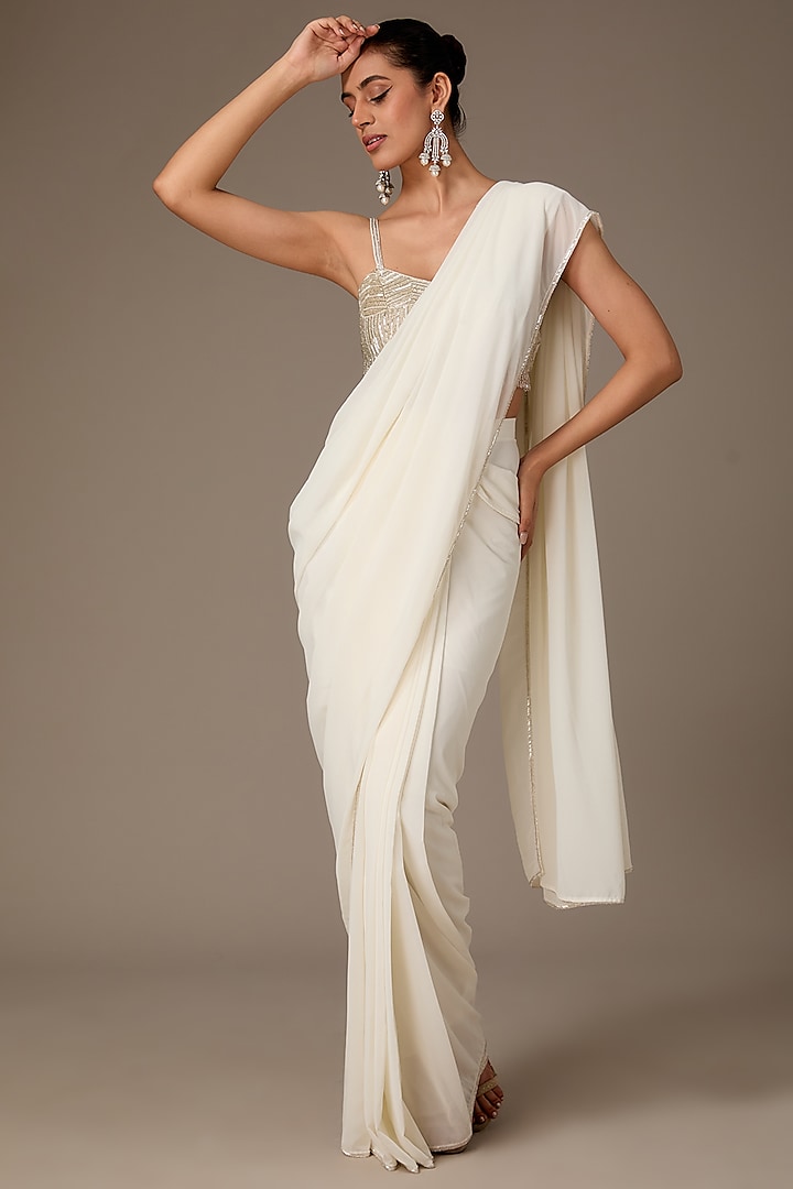 Ivory Double Georgette Draped Saree Set by House of R