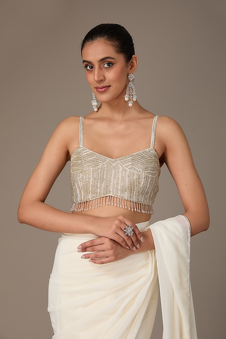 Ivory Double Georgette Draped Wedding Saree Set by House of R at Pernia's Pop Up Shop