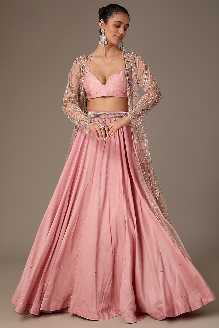 Peach Pink Silk Hand Embroidered Cape Lehenga Set by House of R
