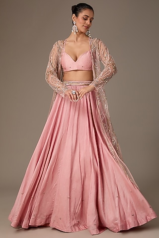 Peach Pink Silk Hand Embroidered Cape Lehenga Set by House of R