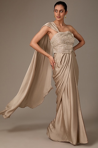 Champagne Satin Chiffon Pre-Draped Saree Set by House of R