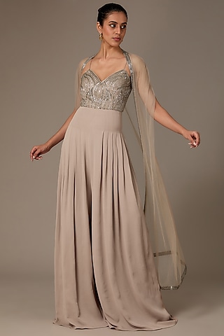 Champagne Double Georgette Cutdana Embellished Jumpsuit With Cape by House of R