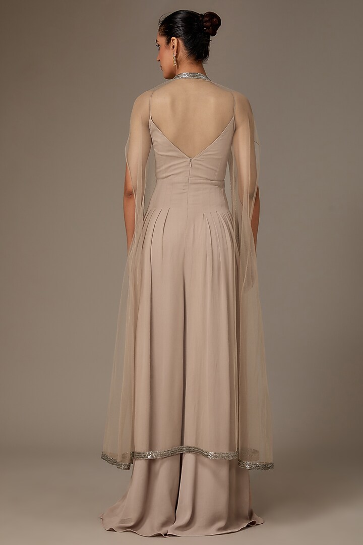 Champagne Double Georgette Cutdana Embellished Jumpsuit With Cape by House of R at Pernia's Pop Up Shop