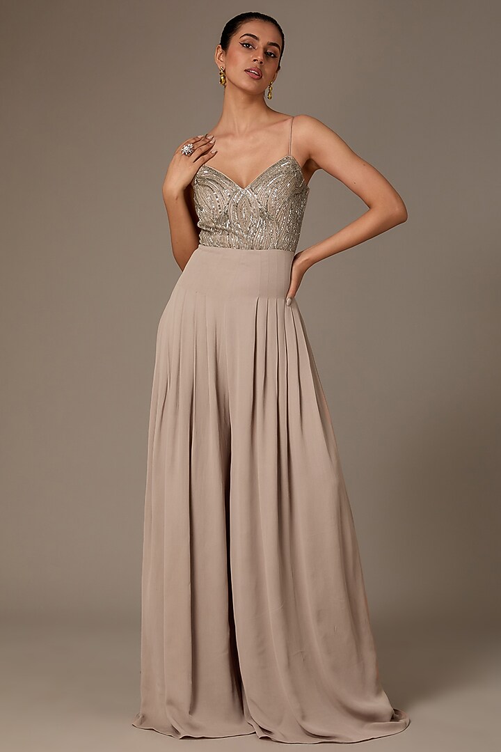 Champagne Double Georgette Cutdana Embellished Jumpsuit With Cape by House of R at Pernia's Pop Up Shop