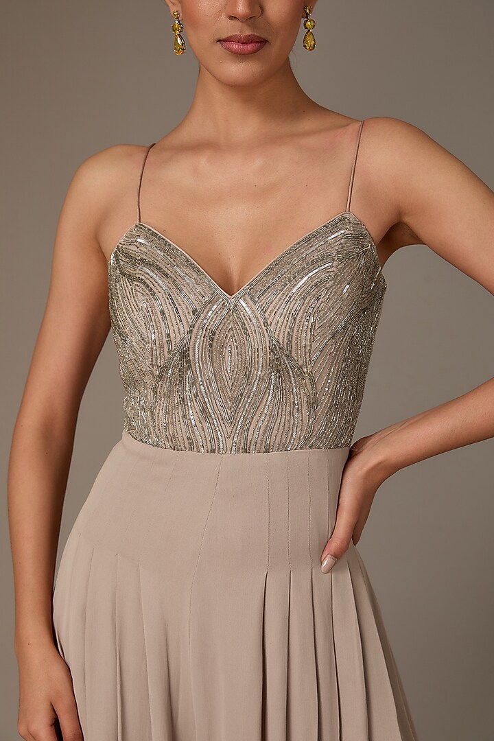 Champagne Double Georgette Cutdana Embellished Jumpsuit With Cape by House of R at Pernia's Pop Up Shop