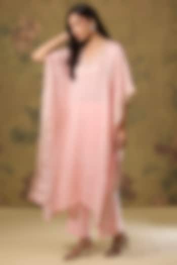 Peach Modal Satin Hand & Machine Embroidered Kaftan Set by The House of Ta-Ya at Pernia's Pop Up Shop