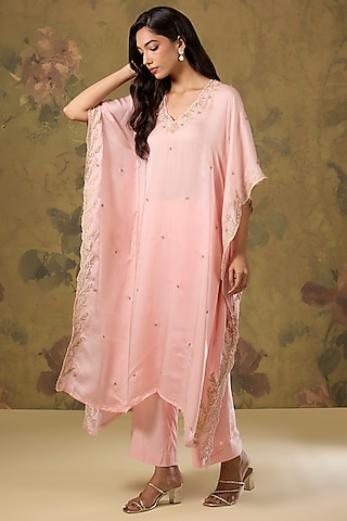 Peach Modal Satin Hand & Machine Embroidered Kaftan Set by The House of Ta-Ya