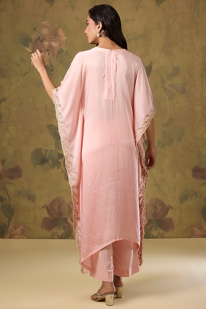 Peach Modal Satin Hand & Machine Embroidered Kaftan Set by The House of Ta-Ya at Pernia's Pop Up Shop