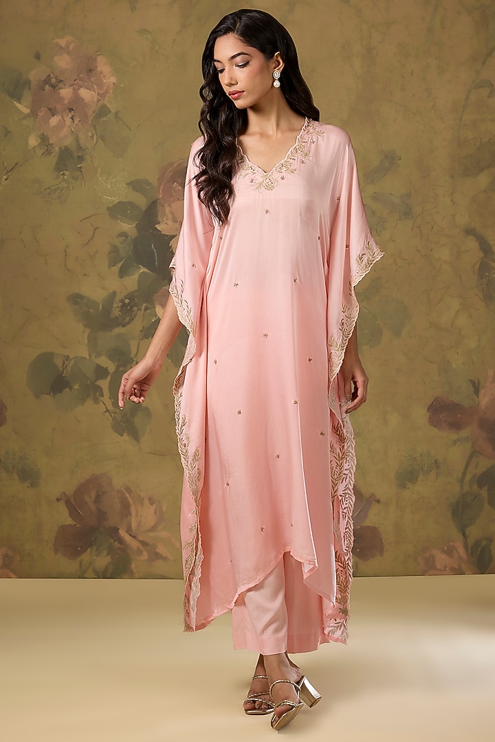 Peach Modal Satin Hand & Machine Embroidered Kaftan Set by The House of Ta-Ya at Pernia's Pop Up Shop