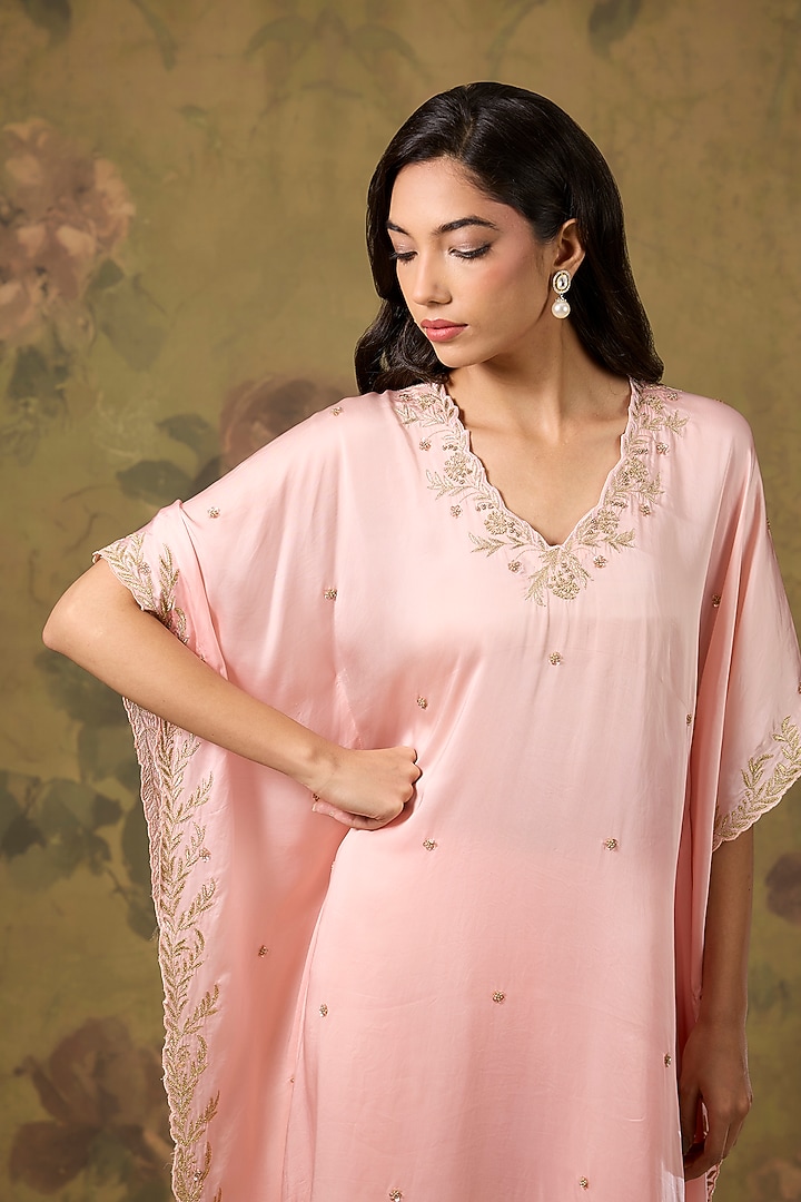 Peach Modal Satin Hand & Machine Embroidered Kaftan Set by The House of Ta-Ya at Pernia's Pop Up Shop