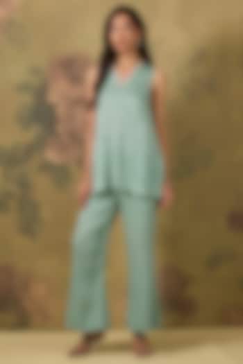 Blue Modal Satin Silver Embroidered Co-Ord Set by The House of Ta-Ya at Pernia's Pop Up Shop