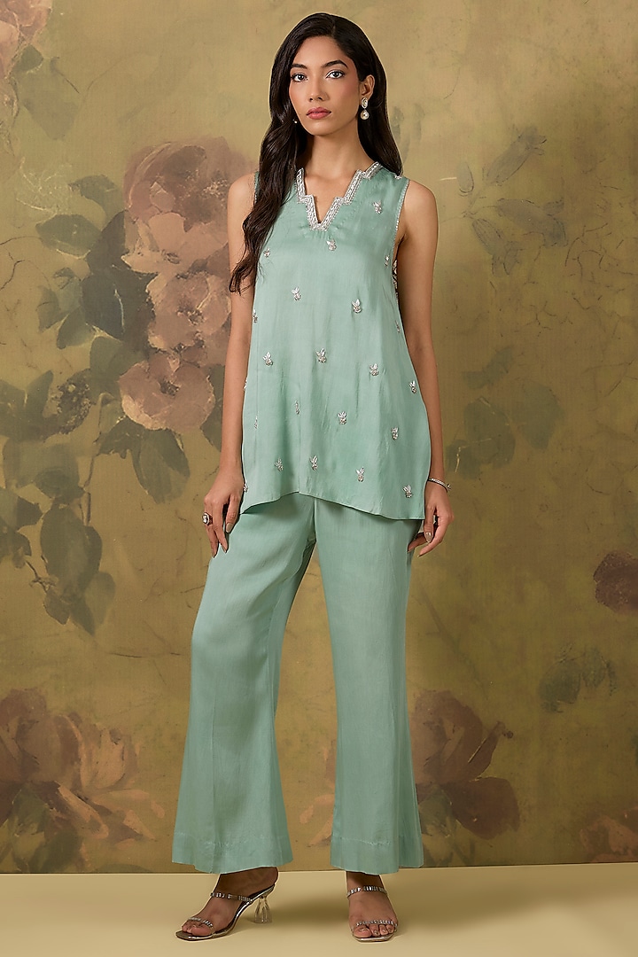 Blue Modal Satin Silver Embroidered Co-Ord Set by The House of Ta-Ya at Pernia's Pop Up Shop