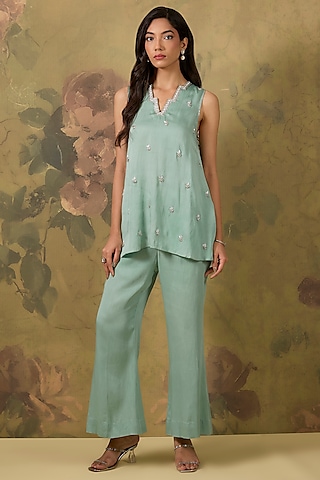 Blue Modal Satin Silver Embroidered Co-Ord Set by The House of Ta-Ya