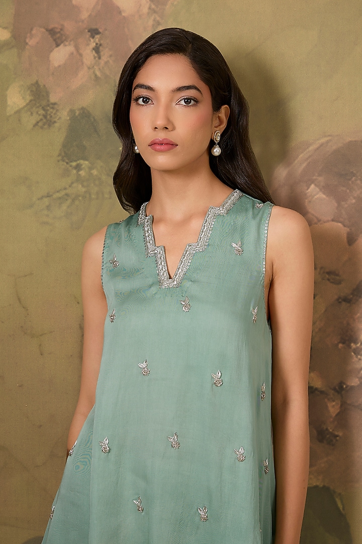 Blue Modal Satin Silver Embroidered Co-Ord Set by The House of Ta-Ya at Pernia's Pop Up Shop