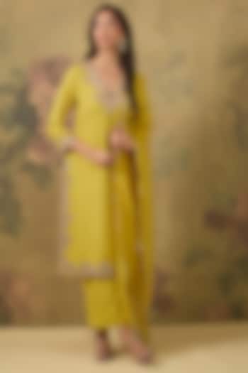 Yellow Modal Satin Zari Embroidered Kurta Set by The House of Ta-Ya at Pernia's Pop Up Shop