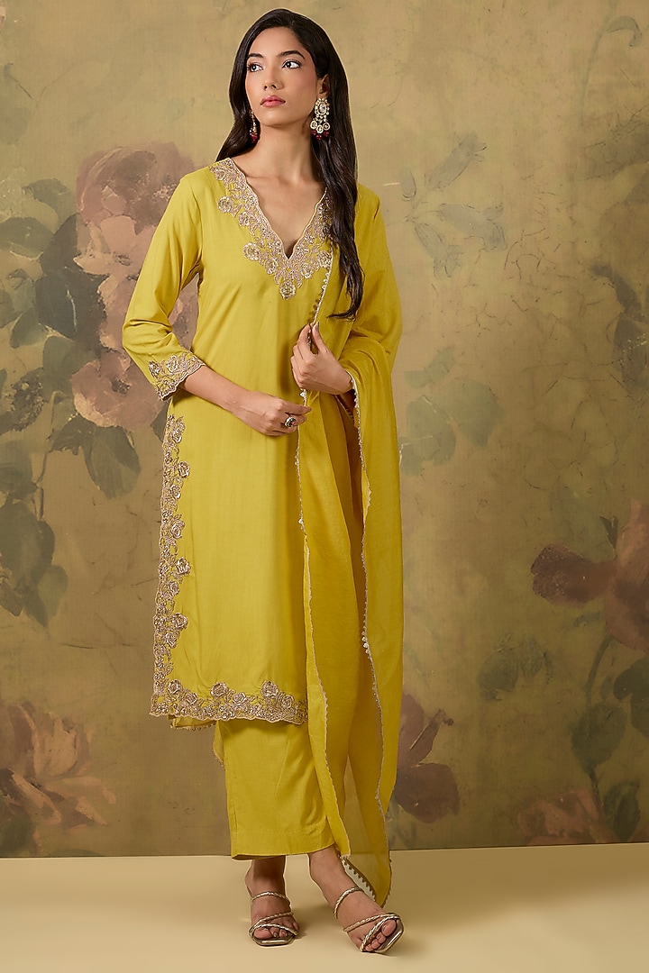Yellow Modal Satin Zari Embroidered Kurta Set by The House of Ta-Ya at Pernia's Pop Up Shop