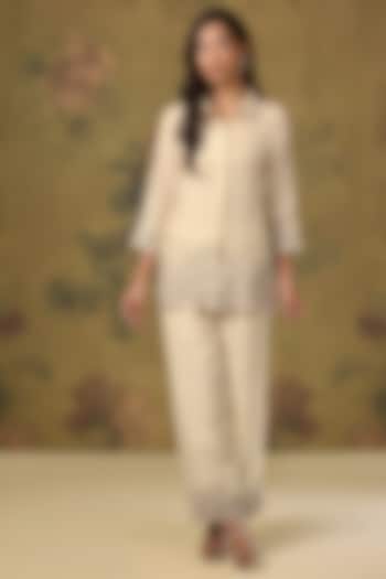 White Chanderi Cutwork Embroidered Co-Ord Set by The House of Ta-Ya at Pernia's Pop Up Shop