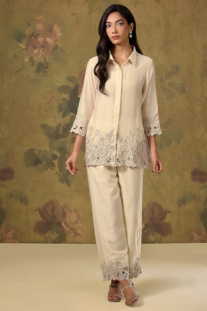White Chanderi Cutwork Embroidered Co-Ord Set by The House of Ta-Ya at Pernia's Pop Up Shop