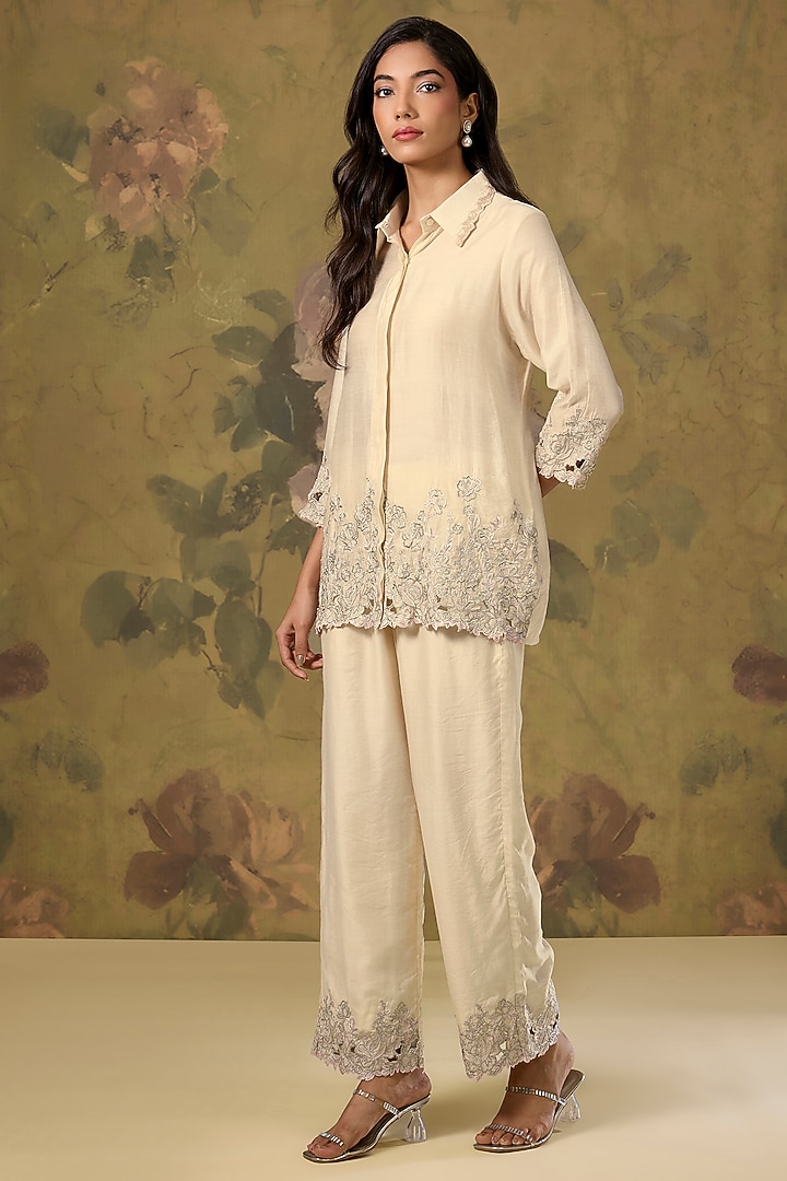 White Chanderi Cutwork Embroidered Co-Ord Set by The House of Ta-Ya at Pernia's Pop Up Shop