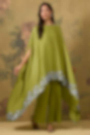 Green Modal Satin Sequins Embroidered High-Low Kaftan Set by The House of Ta-Ya at Pernia's Pop Up Shop