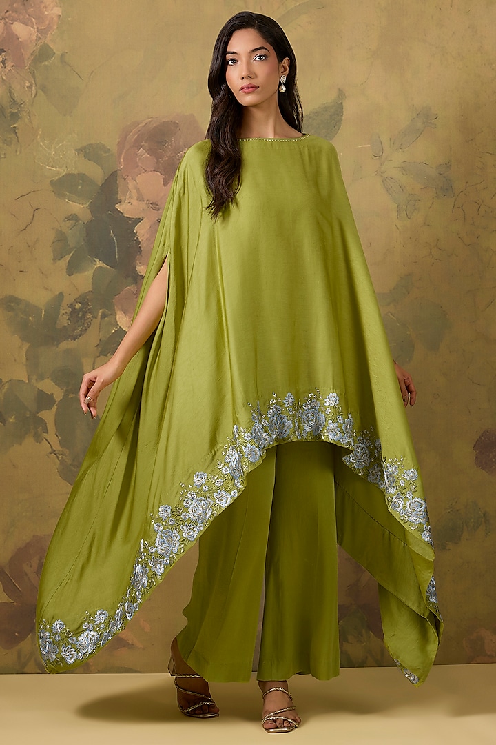 Green Modal Satin Sequins Embroidered High-Low Kaftan Set by The House of Ta-Ya at Pernia's Pop Up Shop