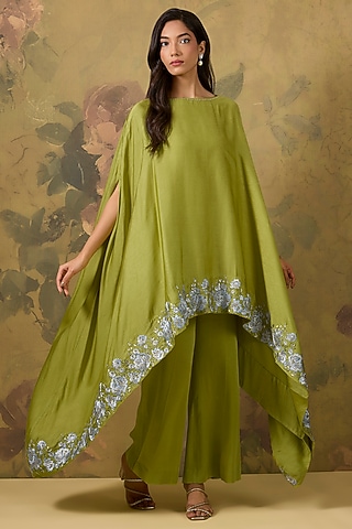 Green Modal Satin Sequins Embroidered High-Low Kaftan Set by The House of Ta-Ya