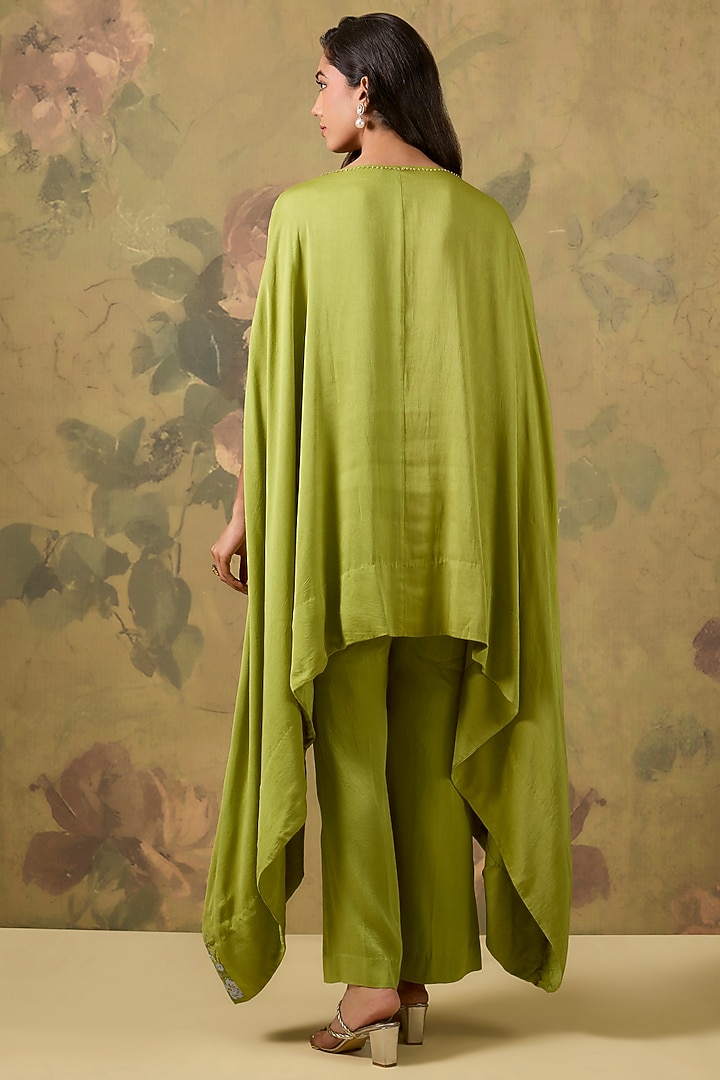 Green Modal Satin Sequins Embroidered High-Low Kaftan Set by The House of Ta-Ya at Pernia's Pop Up Shop
